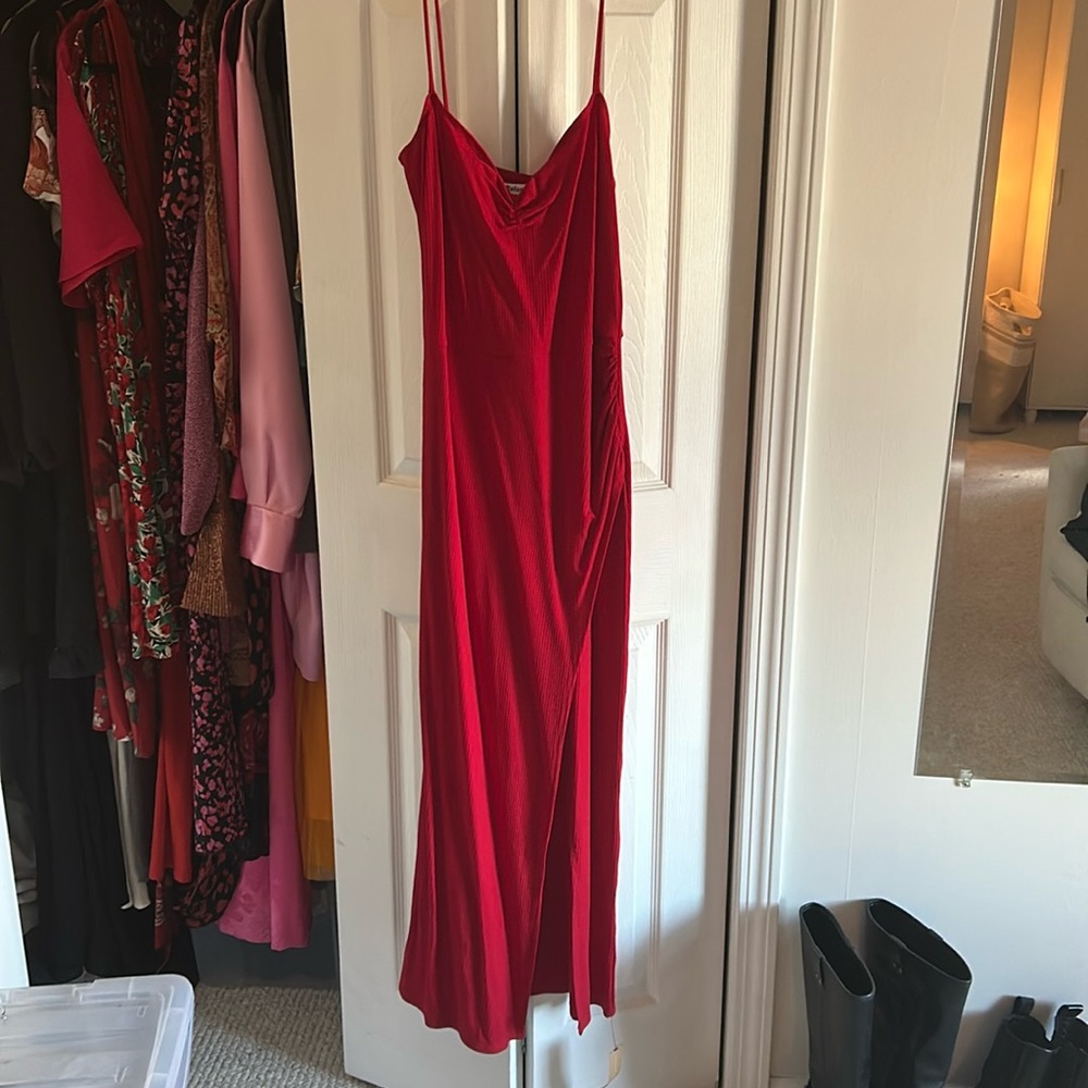 Reformation red rib knit stretch ruched dress
